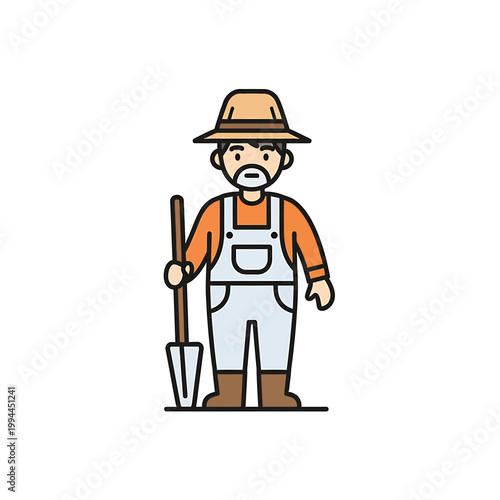Male farmer character in overalls and straw hat with shovel vector