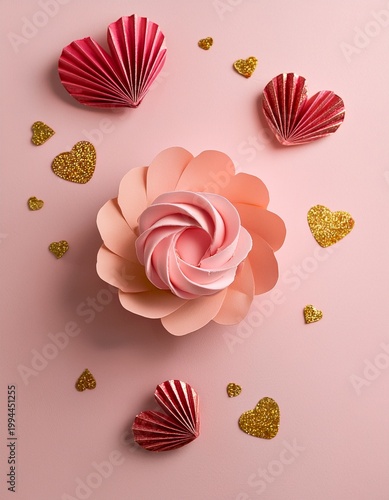 Top view of a cake in shape of a rose on pink background with pink origami hearts and golden heart glitters and copy space: Mother's day concept