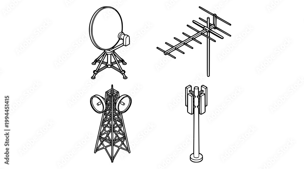 Naklejka premium Collection of communication transmission towers and various antenna vector icons