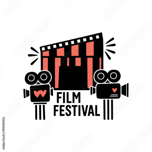 Film Festival Logo Illustration with Movie Cameras and Curtains