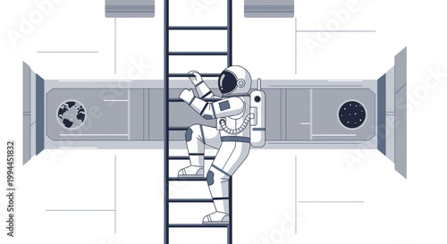 Astronaut climbing a ladder inside a spaceship isolated on white background