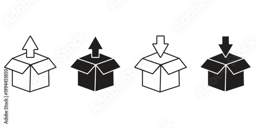 Package, parcel, box, delivery, distribution, import, export and return editable stroke outline flat icons