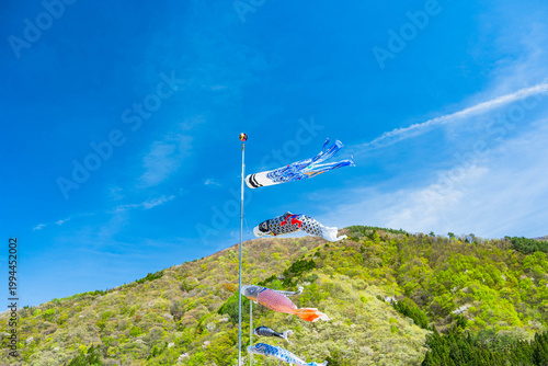 青空に泳ぐこいのぼりと新緑の山々
