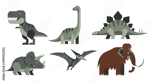 Cartoon dinosaurs and mammoth illustration set in flat style