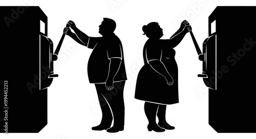 Silhouette of a Man and Woman Pulling Levers in Opposite Directions.