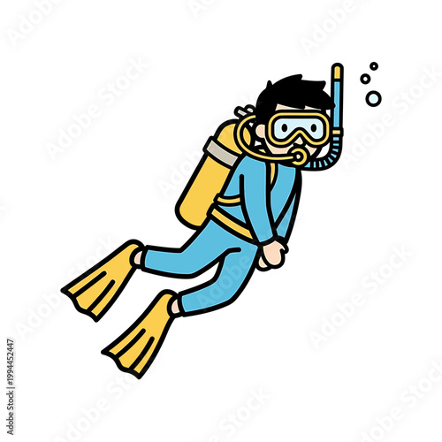 Cartoon scuba diver in blue wetsuit swimming underwater illustration