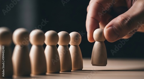 Strategic selection A hand picks one wooden figure from a row, symbolizing talent acquisition, leadership identification, and choosing the right individual for success