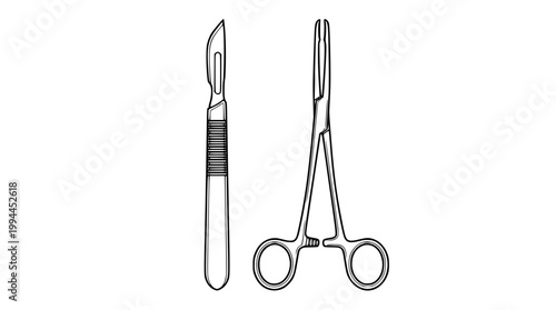 Vector illustration of medical scalpel and stainless steel surgical forceps