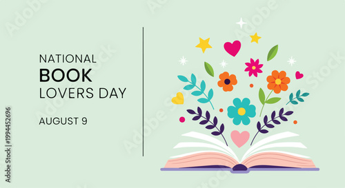 National Book Lovers Day illustration with flowers and heart coming out of an open book