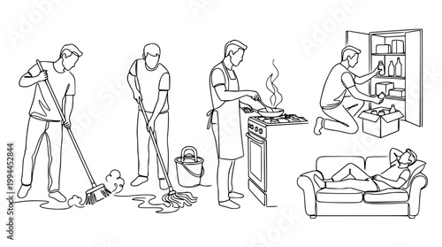 Continuous line vector illustration of a man doing daily chores