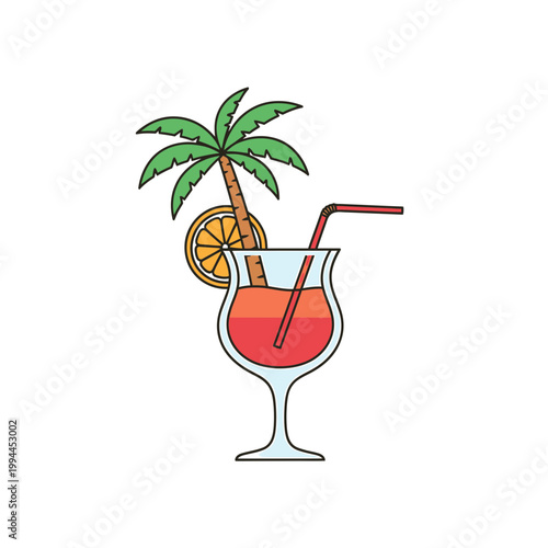 Tropical beach cocktail vector with palm tree and orange garnish