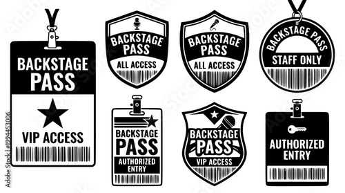 Collection of black and white backstage pass badge designs