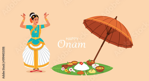 Traditional Indian dancer celebrating Onam festival with food and umbrella