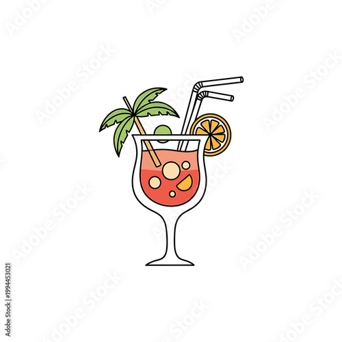 Tropical summer cocktail vector illustration with palm tree garnish