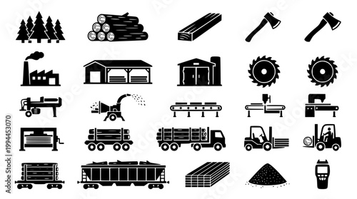 A collection of vector illustrations depicting the lumber industry and its processes