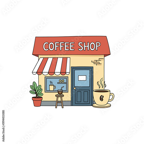 Vector illustration of a charming local coffee shop storefront