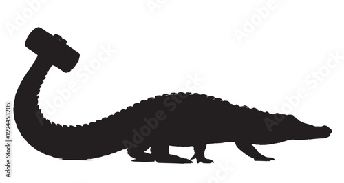 Hammer Tail Crocodile Silhouette vector graphic illustration featuring a powerful black crocodile with a heavy metal hammer replacing its tail designed for unique artistic .