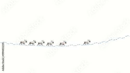 Minimalist Watercolor Illustration of a Small Herd of Reindeer Trekking Across a Vast Empty Snowy Arctic Tundra, Following a Winding Trail of Footprints