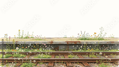Watercolor Illustration of Wildflowers Growing Along an Abandoned Rural Railway Station Platform, Minimalist Composition with Large Blank Negative Space, Soft Serene Natural Scene