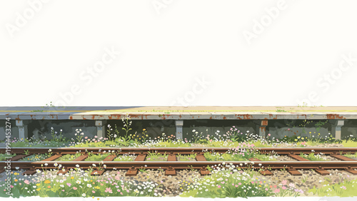 Watercolor Illustration of an Abandoned Rural Railway Station Overgrown with Wild Spring Flowers, Evoking Gentle Nostalgia and the Quiet Beauty of Nature Reclaiming Man-Made Infrastructure