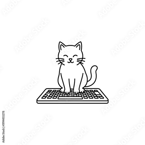Cute cartoon cat sitting on a computer keyboard line art illustration