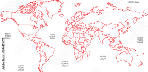 Simple Red Outline World Map with Country Borders and City Labels