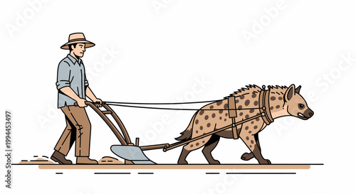 Man plowing field with hyena animal illustration against a white background
