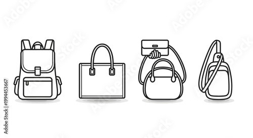 Outline drawings of various bags and luggage on a white background