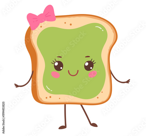 Vector illustration of cute avocado toast character with smiling face. Flat breakfast food isolated object.