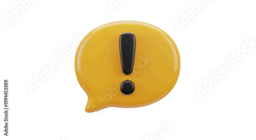 Vector illustration of 3d render of a yellow speech bubble icon with an exclamation mark on a transparent background