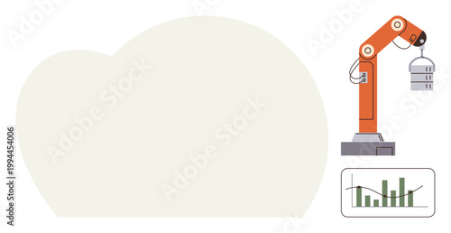 Industrial automation, analytics, robotics, manufacturing, technology, innovation. Robotic arm lifting an object beside a performance graph. Industrial automation and analytics concept