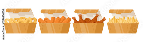 Fast food snack box. Crispy chicken legs, french fries and onion rings pack, fast food takeaway restaurant dish flat vector illustration. Cartoon fast food snacks boxes isolated on white