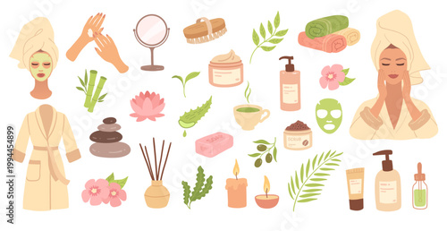 Vector illustration of spa skincare set with natural cosmetics, plants and beauty tools. Flat illustrations with wellness objects and self care elements.