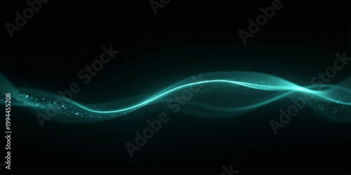 An abstract blue background features glowing fractal waves and light motion lines that create a dynamic technology pattern with a texture of smoke and energy curves against a black backdrop