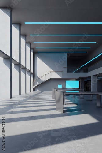 Brutalist tech hub office with cyan accents – Great for software companies, engineering firms, or future office concepts.