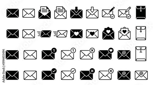 Message mail icon vector set. E-mail envelope icon illustration pack. Inbox, sending, opened, received, texting, write, favorite, love, sent, delivered, download of mail sign symbol.