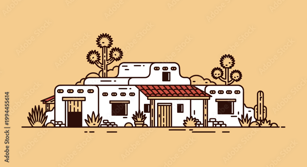 Naklejka premium Traditional Mexican Hacienda Vector Illustration in Desert Setting