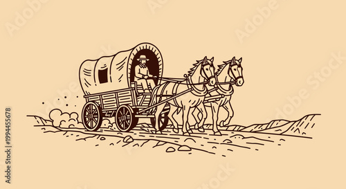 Vintage Covered Wagon Illustration of Wild West Pioneer Journey