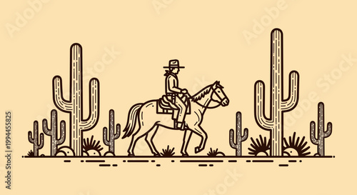 Minimalist Line Art Cowboy Riding Horse in Cacti Desert