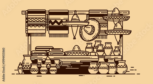 Traditional Mexican Artisan Market Stall with Pottery and Sombreros