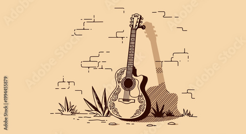 Vintage Ornate Mexican Acoustic Guitar in Desert Setting Line Art