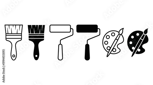 Paint tool vector icon set. Roller painter icons. Watercolor palette and paintbrush vector illustration. Symbol of decorating and art.