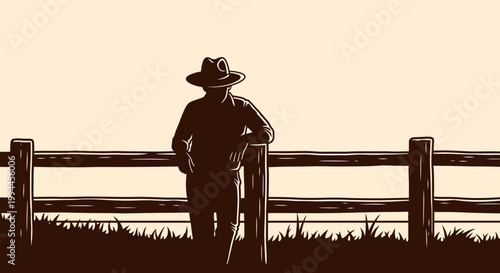 Cowboy Silhouette Leaning on Wooden Fence at Sunset