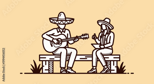 Traditional Mexican musician playing guitar for a listener on a bench