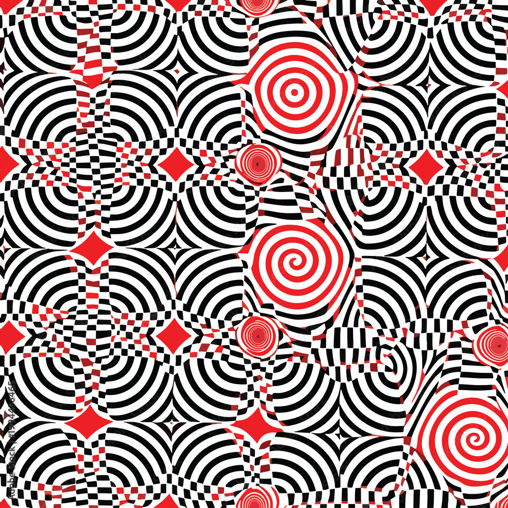Fototapeta premium Abstract geometric pattern with spiral motifs in black, white, and red