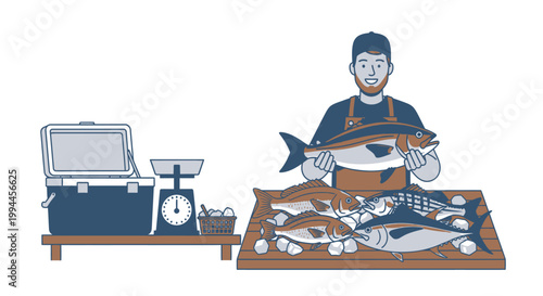 Fisherman holding freshly caught fish display for sale seafood market