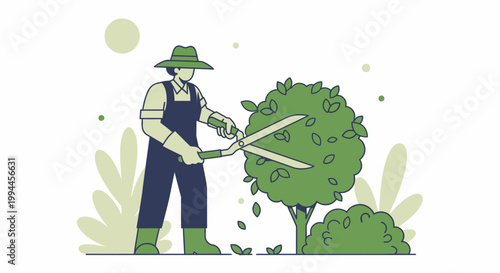 Gardener pruning a bush with clippers in vector illustration