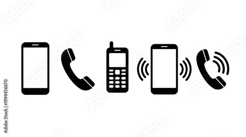 Phone icon vector collection. Phone ringing symbol set. Ringing telephone icons. Contains icon such as old model telephone, modern smartphone, keypad phone.