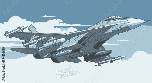 Illustrated fighter jet soaring through cloudy skies vector artwork