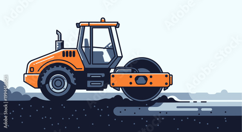 Orange road roller compacting ground in graphic illustration style